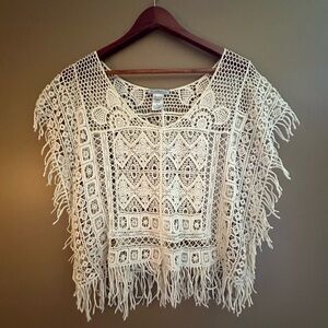 Charlotte Russe Cream Crochet Fringe Blouse
